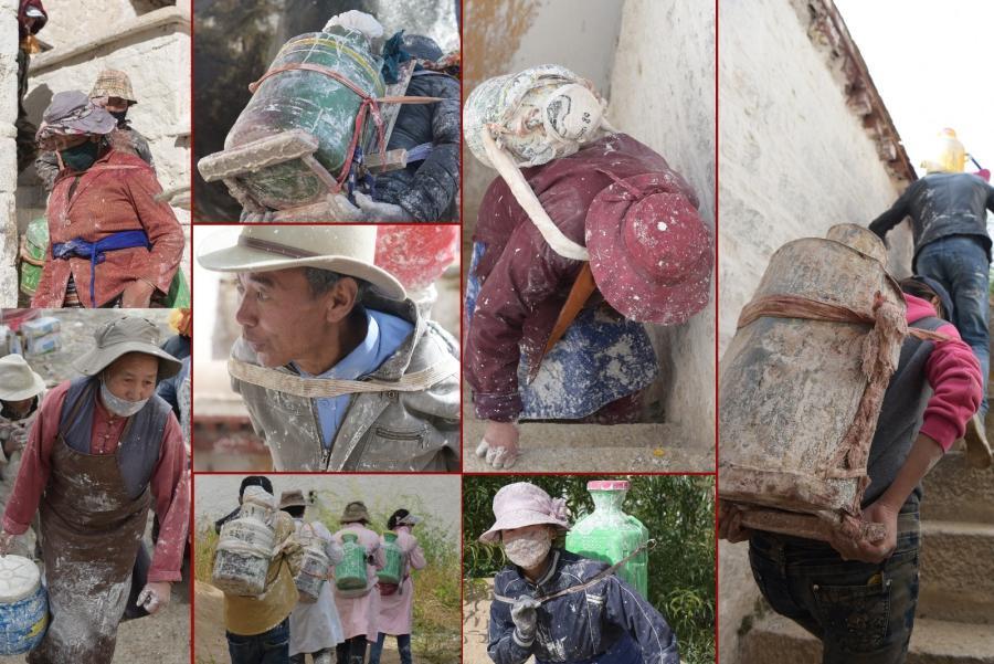 Among those workers, some are the aged, who want to do their effort for the painting of Potala Palace. They bring the painting to the certain place.