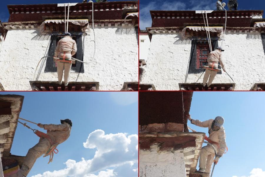 It is an important way for protecting the architecture. After the rain season, the soil built the wall of Potala Palace become porous by the rain wash. Besides, the wood material is easy to be moth-eaten and decomposed.