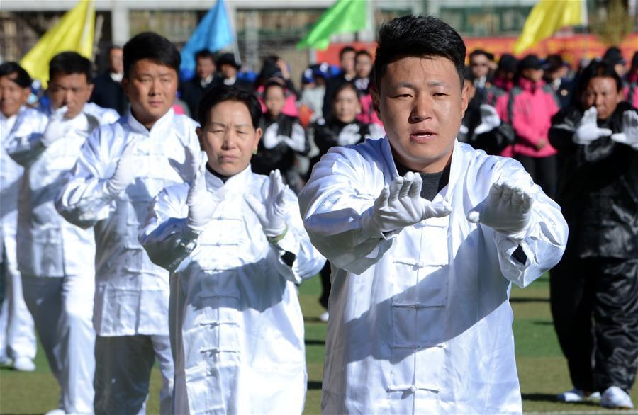 On November 14, 2015, the masses from Chengguan District, Lhasa are  doing tai chi. On that day, Winter mass sports activity is launched in Lhasa to let more masses to be involved in sports and exercises that are fit for people living on the plateau, such as group dancing, tai chi, broadcast gymnastics and walking ect. [Photo/Jue Guo]