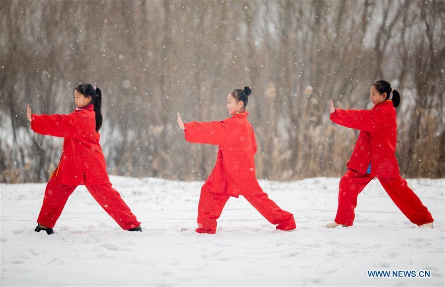 Pupils practise Taichi, a Chinese martial art, in snow in Hohhot, capital of north China