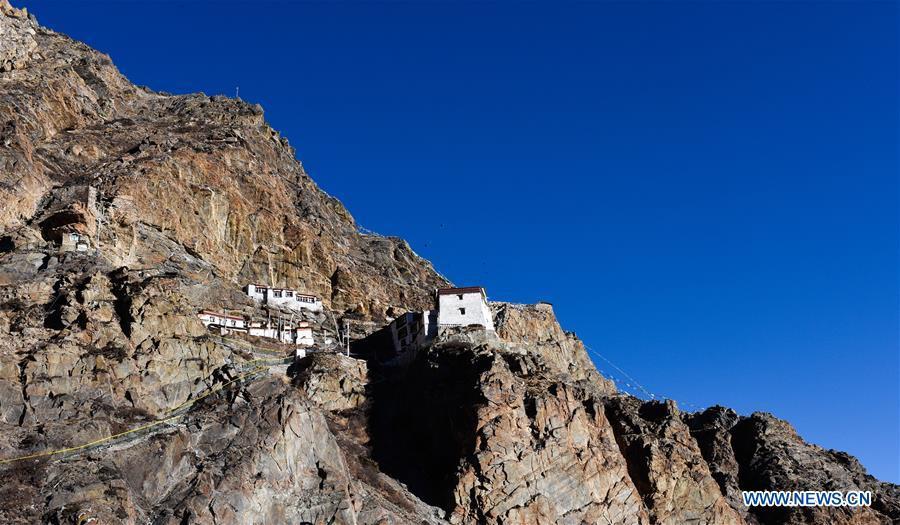 Photo taken on Jan. 4, 2016 shows Cagar Monastery on the mountain in Gyirong Township of Gyirong County, Shigatse City, southwest China