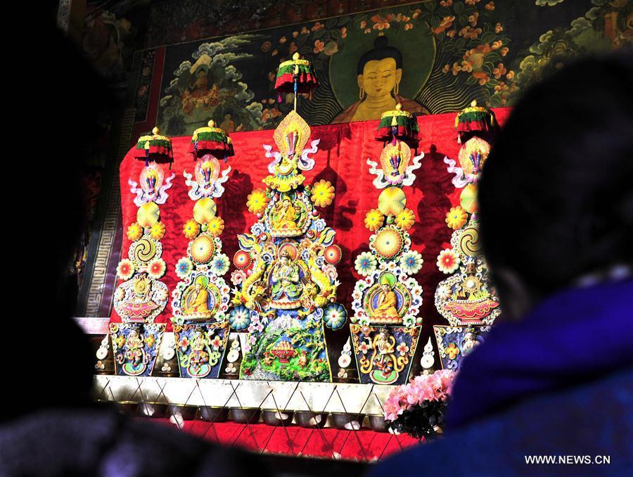 Butter sculptures made by Buddhists are seen at Jokhang Temple in Lhasa, capital of southwest China