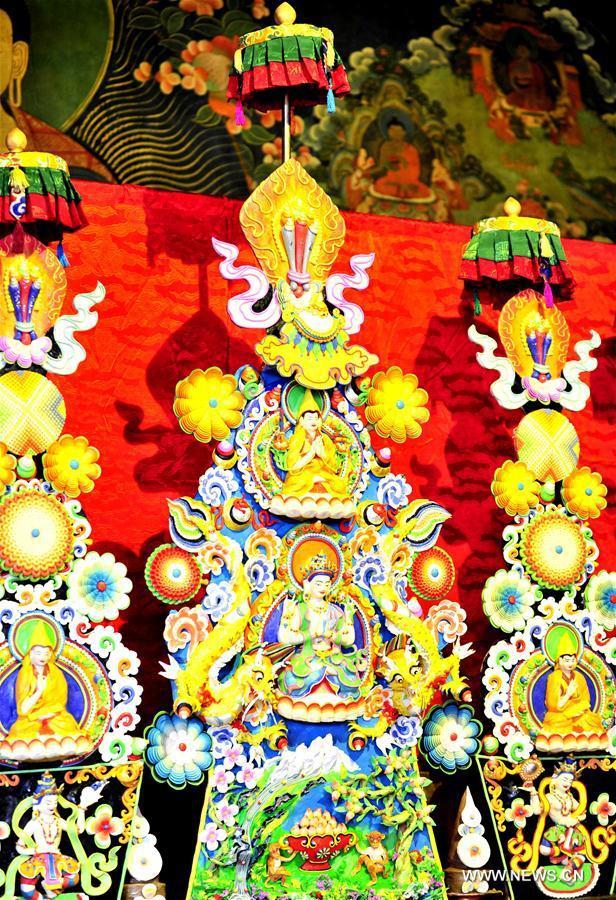 Butter sculptures made by Buddhists are seen at Jokhang Temple in Lhasa, capital of southwest China