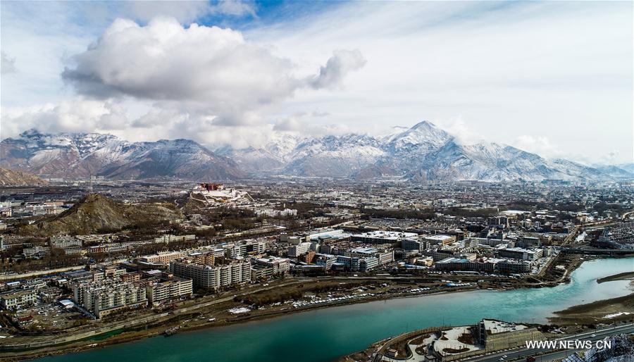 Photo taken on March 18, 2018 shows the snow-covered Lhasa City, southwest China